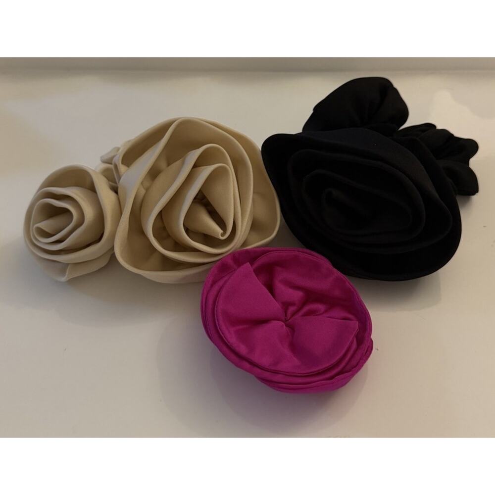 NWOT 3 Satin Schrunchies with Rosettes in Black, Cream & Pink by Zara & J Crew - Picture 2 of 7